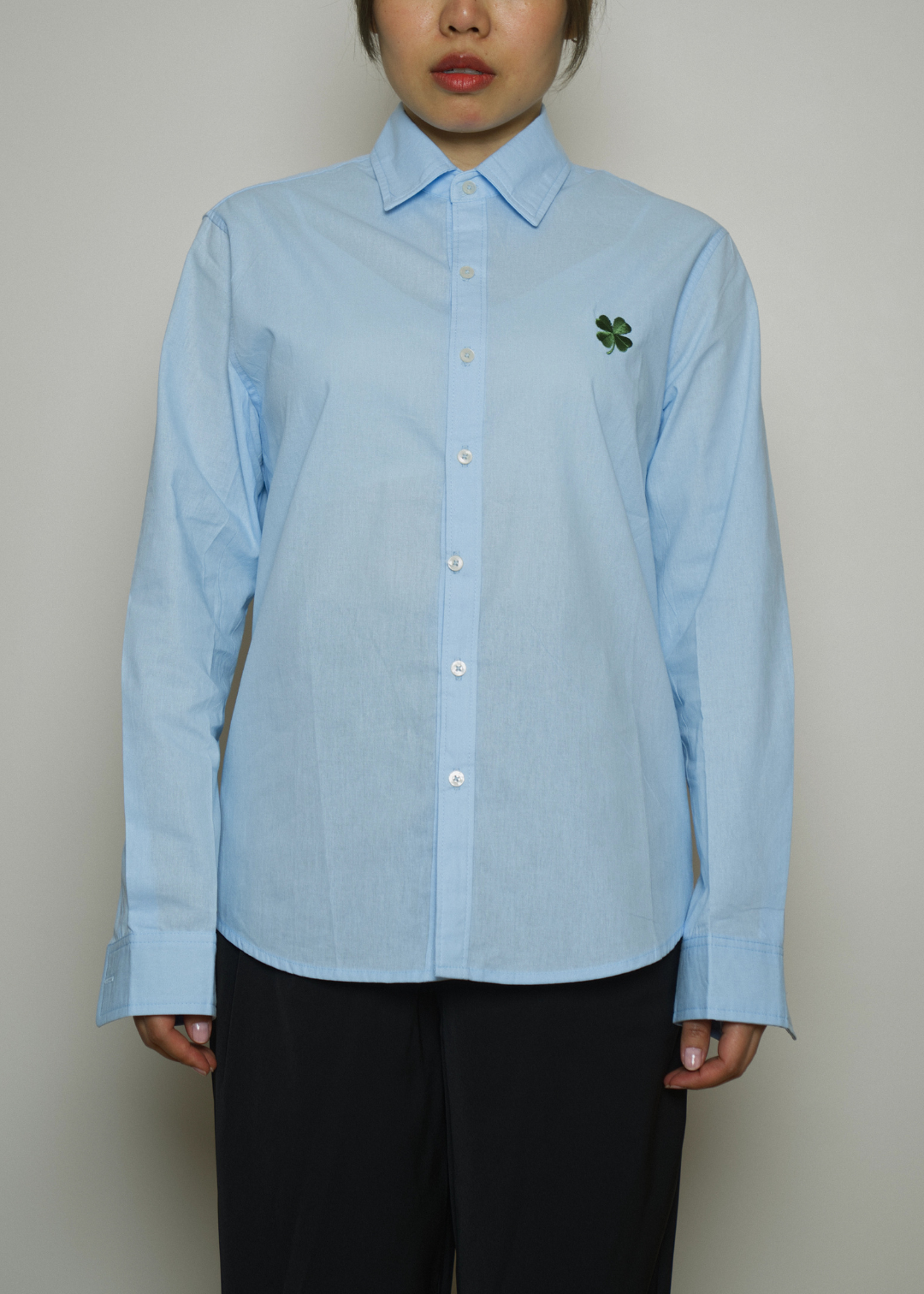 DIDI BLUE SHIRT BLOUSE LUCKY CLOVER EMBROIDED