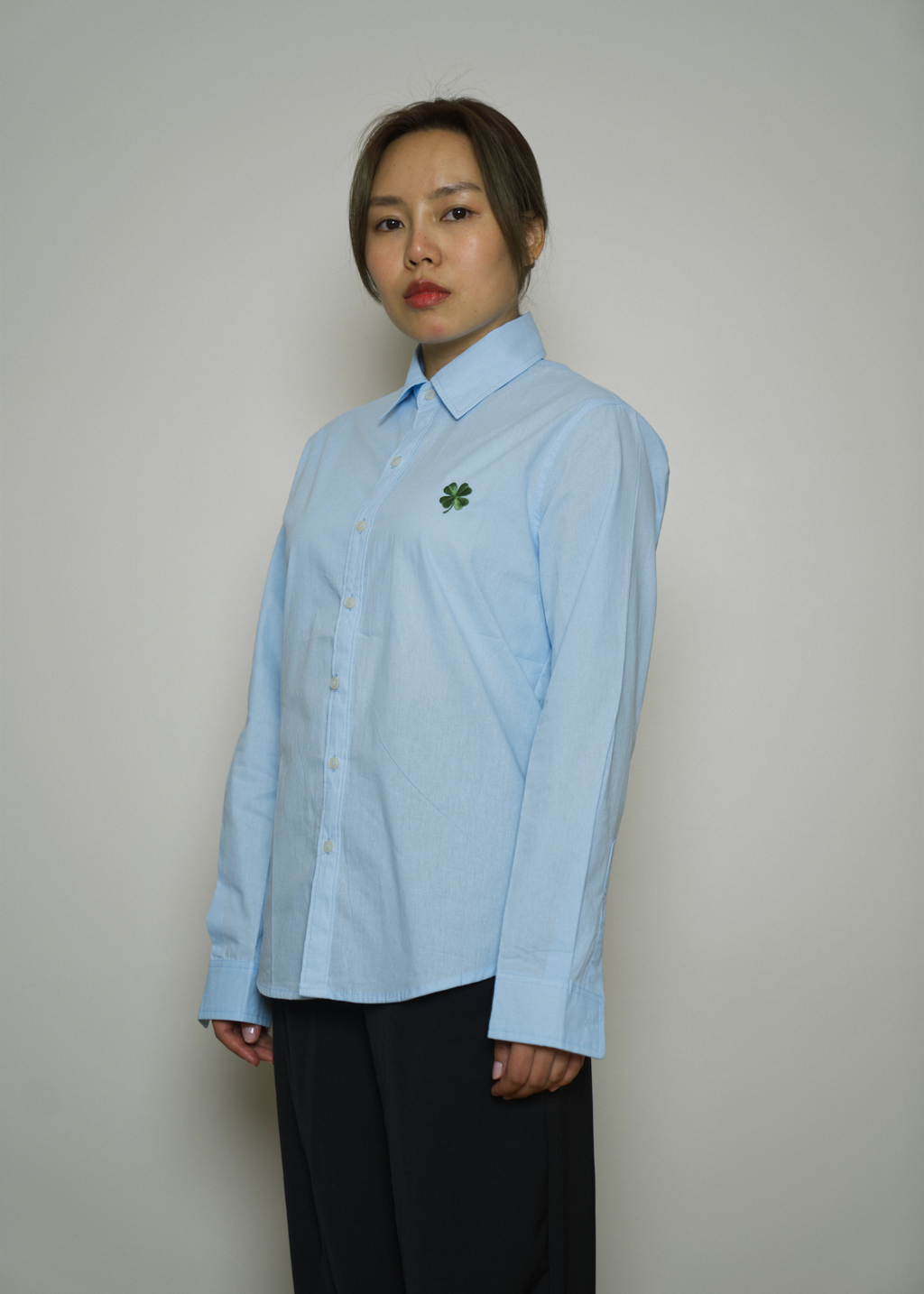 DIDI BLUE SHIRT BLOUSE LUCKY CLOVER EMBROIDED