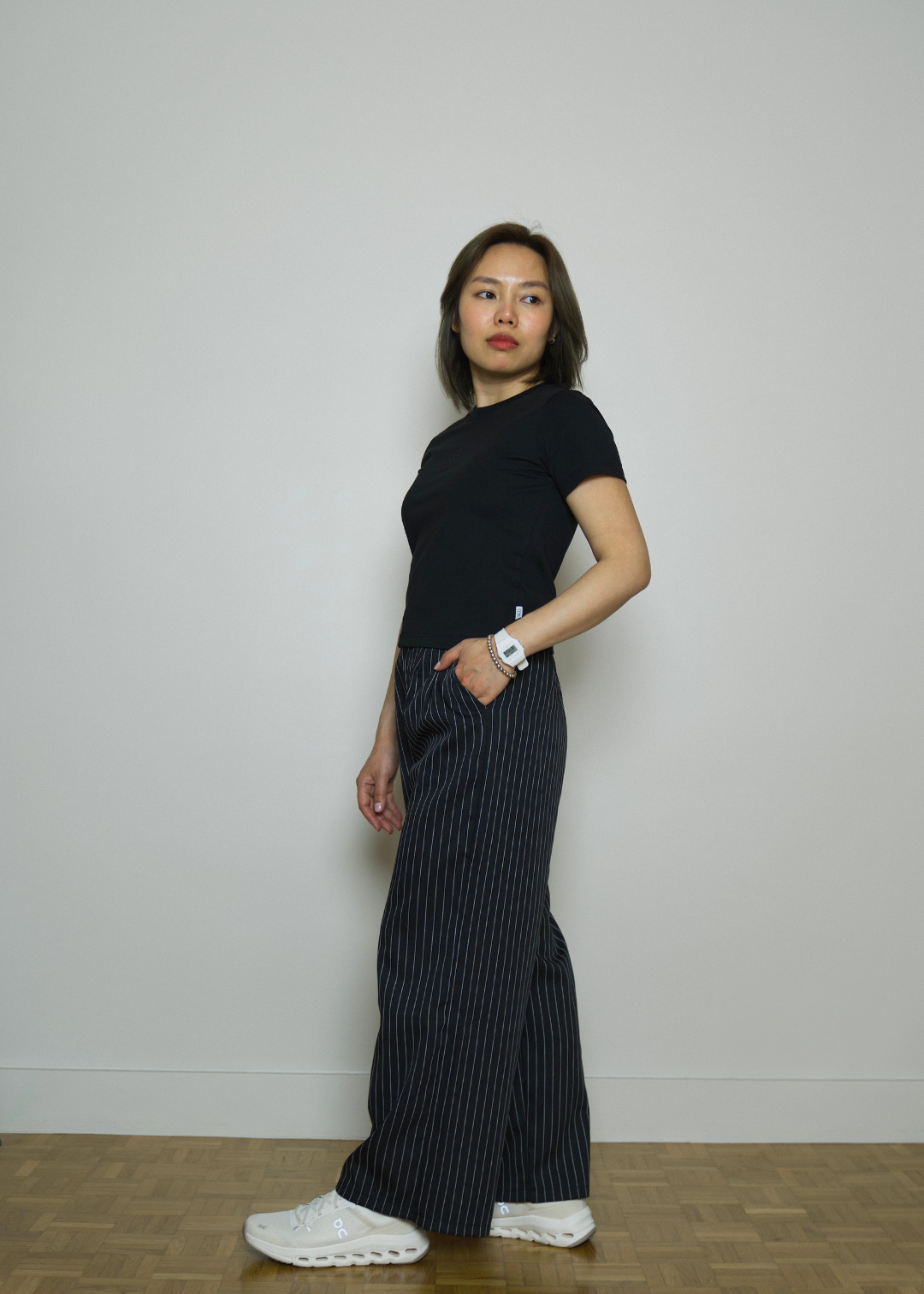 CAMILLE BLACK STRIPED FLOW PETITE TROUSERS