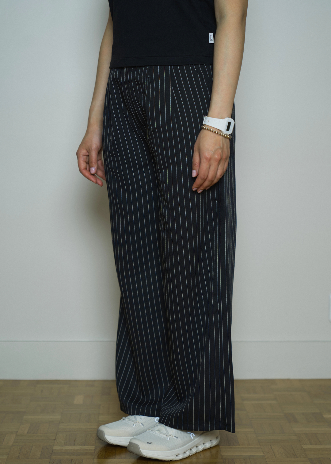 CAMILLE BLACK STRIPED FLOW PETITE TROUSERS